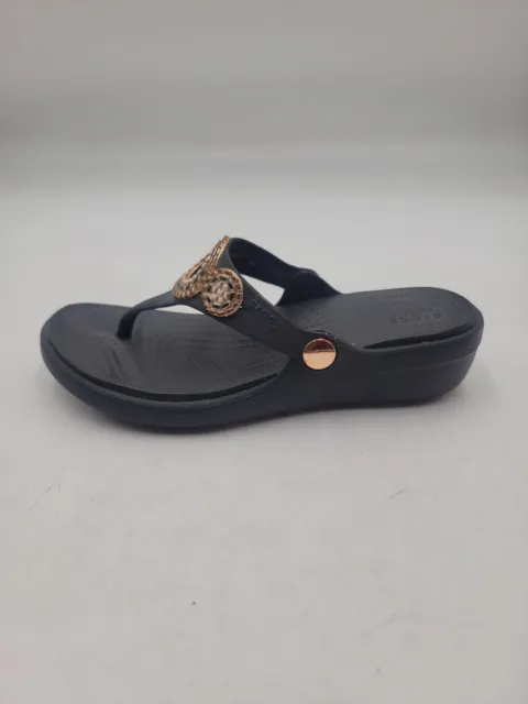 Crocs Women's Sz 6 Sanrah Flip Flop Diamante Wedge Slip on Black Sandals