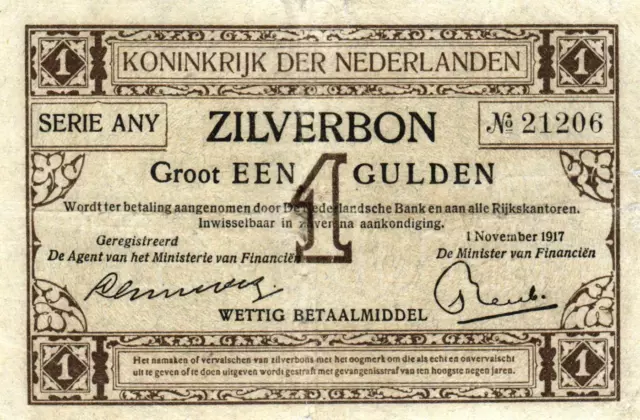 05 Netherlands / Niederlande Mev.02-2b/AX 2.2b Zilverbon 1 Gulden 1917 Serie ANY