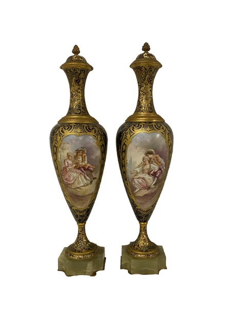 Fine 19C Antique Pair French Sevres Porcelain Gilt Bronze Vases