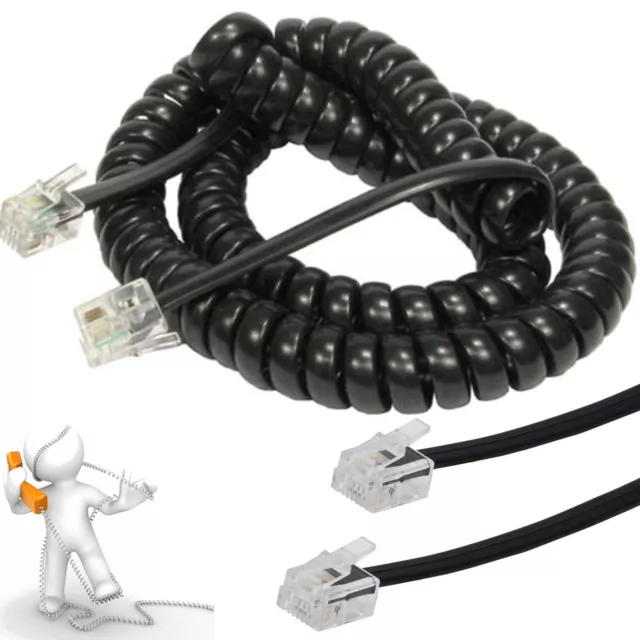 3m Telephone Handset Phone Coiled RJ10 Plug to RJ10 Plug Cable Black 4P4c Lead