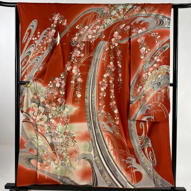 Japanese Silk Kimono Vintage Furisode Gold Silver Flower Chrysanthemum Red 61"