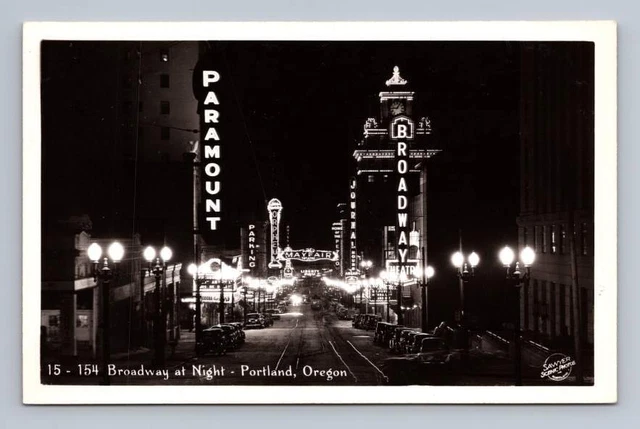 Broadway at Night PORTLAND Oregon RPPC Vintage Neon Sign Night Photo ~1940s