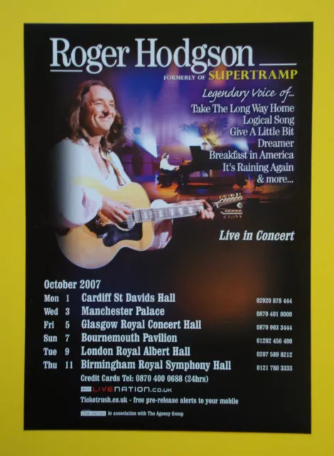 Roger Hodgson 'Live In Concert' 2007 UK tour A5 flyer...ideal for framing!