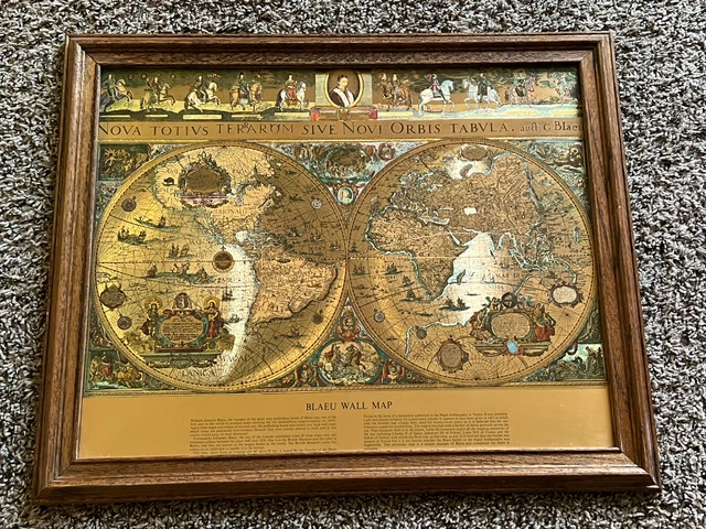 ✨Vintage Framed BLAEU FOIL WALL MAP of Old and New World Framed 21.5” X 18.5”