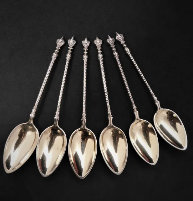 Antique Koch & Bergfeld Gilt Silver 800 Mascaron 6 Coffee Spoons & Tongs Cased