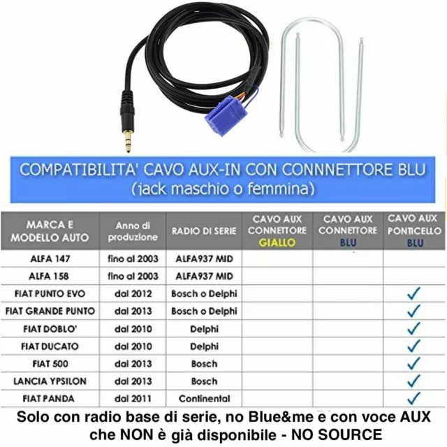 Cavo Funzione Aux Fiat 500 Grande Punto Evo Doblo Panda Lancia Y Ypsilon da 2012 2