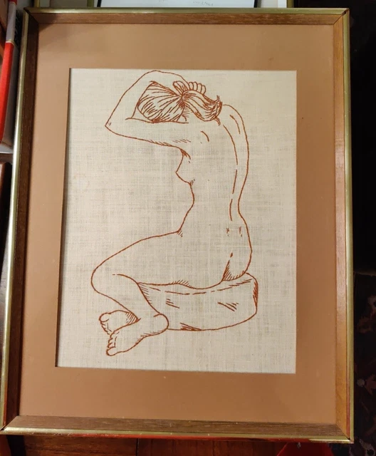 Bordado vintage enmarcado mujer desnuda enmarcado costura enmarcado 19x15 pulgadas