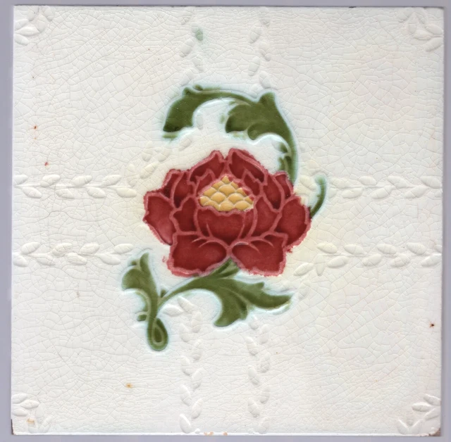 Red & Yellow Peony Flower - c1900 - Antique Majolica - Art Nouveau - 6x6 Tile