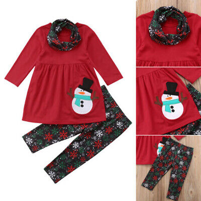 XMAS Toddler Kids Baby Girls Clothes Snowman Tops Skirt+Long Pants+Scarf Outfits