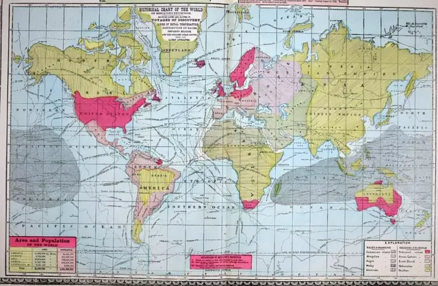 1885 Tunison Atlas Map of the WORLD with STATISTICS ~ (Lg21x14) ~ Free S&H
