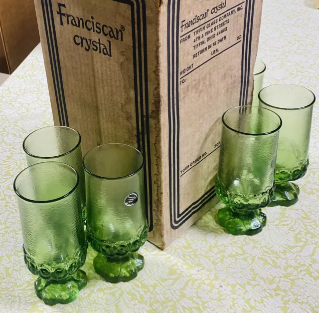 6 Vtg Franciscan Tiffin Madeira Bright Green ICED TEA Glasses Goblets 6.5” Lg