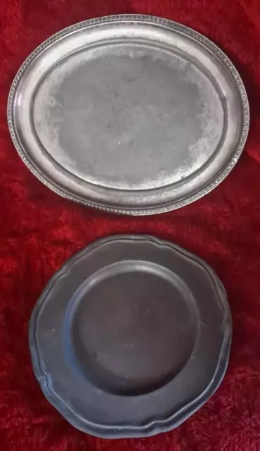 Lot 2: Vintage Silver Plated Serving Dishes & Pewter Plate w/Unusual Markings