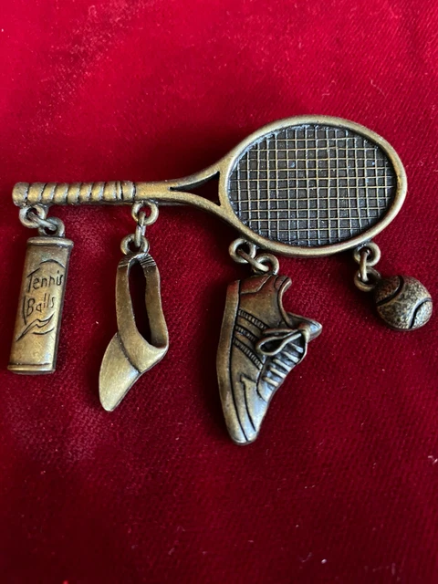 Jonette Jewelry JJ Brass Tone Tennis Racquet Dangle Charm Pin Brooch 2.5"