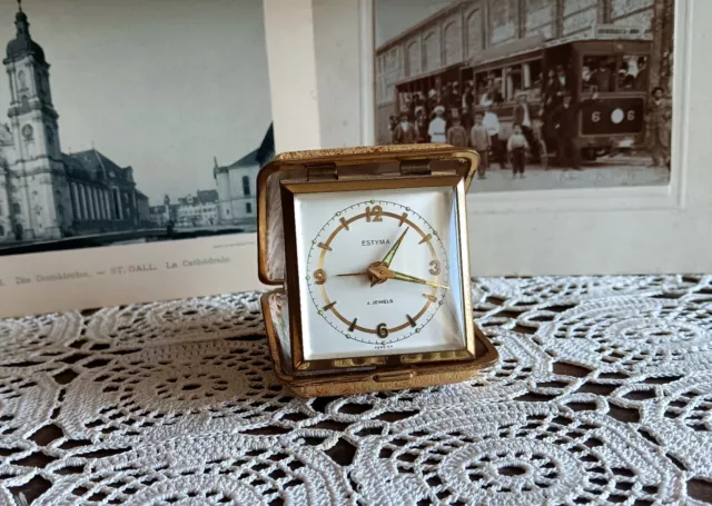 Vintage alarm clock, Estyma, travel, mechanical, wind up, Germany