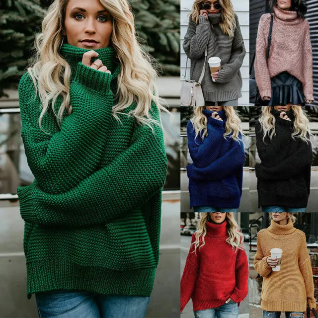 Women Polo Neck Winter WarmSweater Chunky Knitted Loose Long Sleeve Jumper TopsЙ