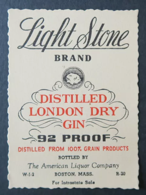 Ancienne étiquette LIGHT STONE london dry Gin Boston label