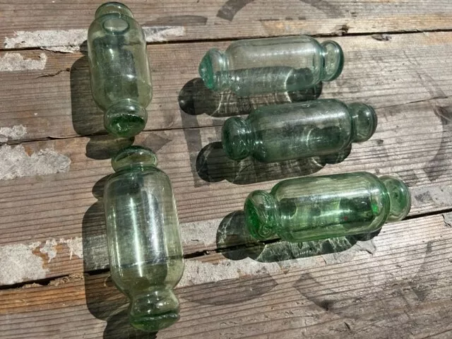 Lot of 5 Green Antique Glass Japanese Fishing Floats - Rolling Pin / Rollers