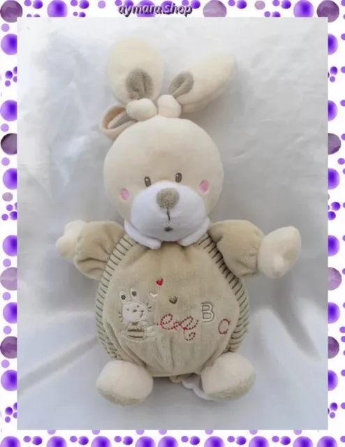 Doudou Peluche Lapin Musical Beige Et Ecru ABC  Col Blanc Nicotoy 30 cm