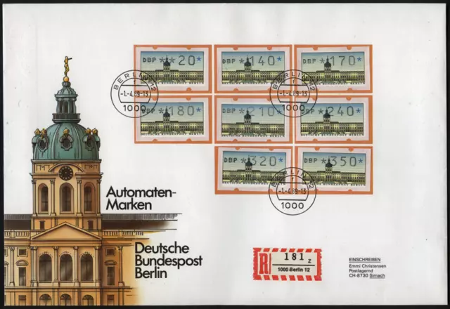 Berlin ATM Einschreib-FDC in die Schweiz mit Tastensatz 2, MiNr 1