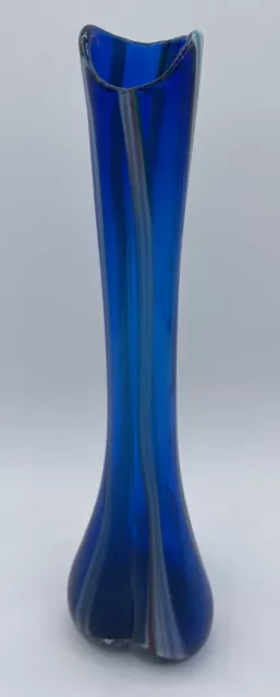 Vintage MCM Blue 12.5” Swung Vase Hand Blown Stretch Glass Swirl Made In Japan