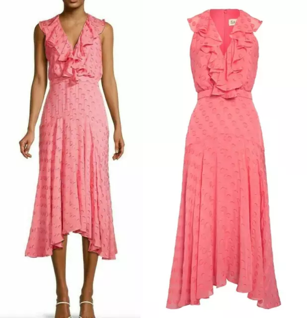 SALONI Rita Womens Sleeveless V-Neck Ruffle Midi Dress in Watermelon Pink Size 4