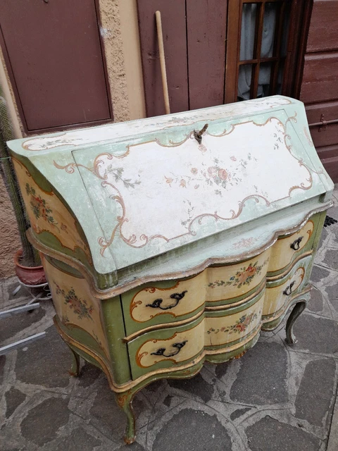 Ribalta Laccata Veneziana - Verde E Panna Cornici Dorate E Fiori Dipinti - 1960