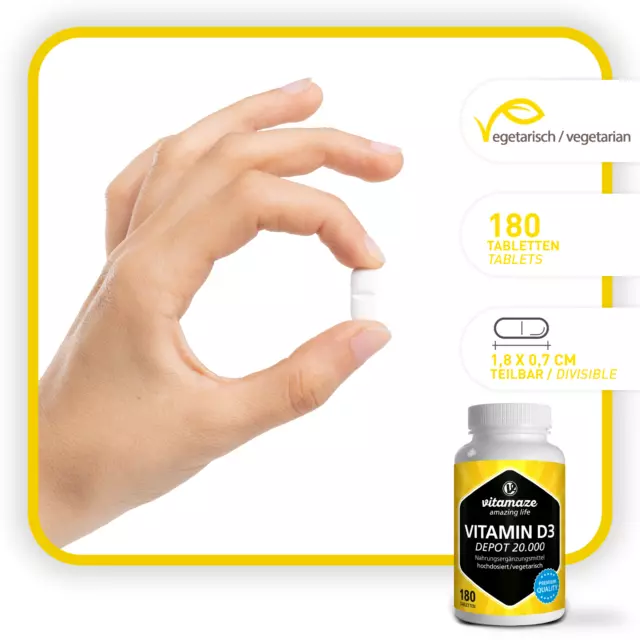 (203,43€/kg) Vitamin D3 Depot 20.000 i e (iu) hochdosiert - 180 veg Tabletten 3