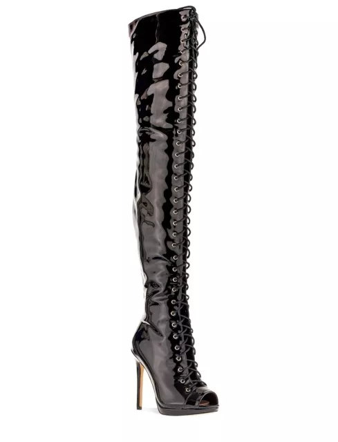 Bnib 3 Black Peep Toe Lace Up Patent Pvc Corset Over The Knee Otk Thigh Boots