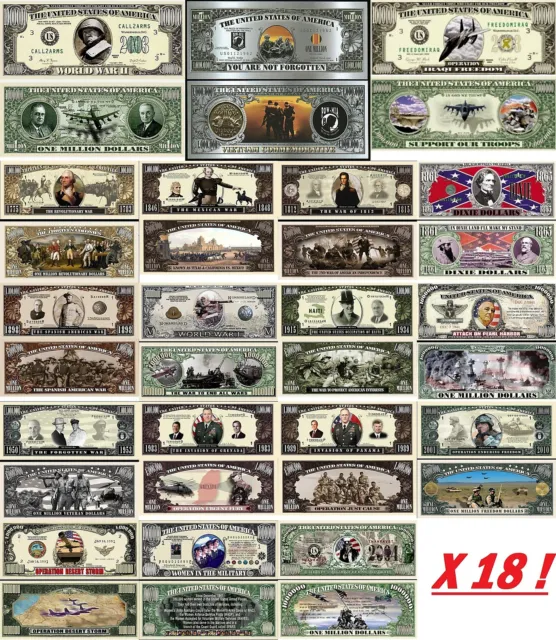 LOT x18 BILLETS DOLLARS GUERRES AMERICAINES! COLLECTION CONFLITS US Histoire USA