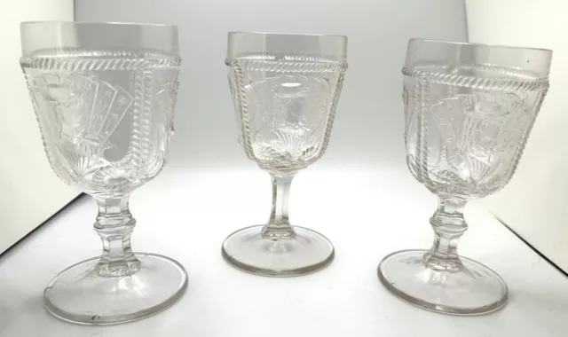 Set of 3 RARE Bellaire Glass Goblets, Girl with Fan Pattern. EAPG Circa 1885