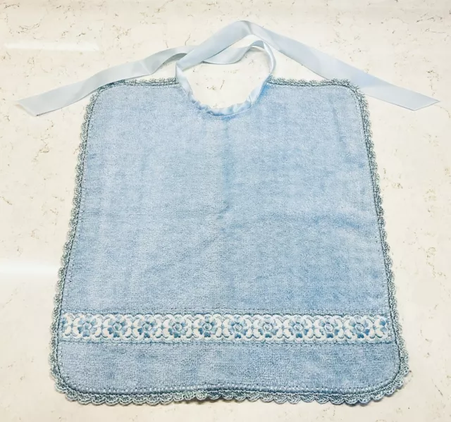 Infant Baby Terry Cloth Bib W/ Lace Edges & Embroidery With Satin Ribbon Closure