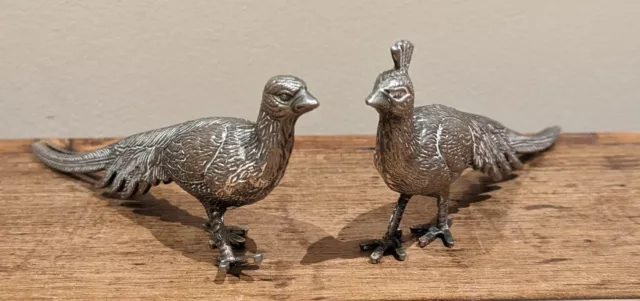 Pair Of White Silver Plated Metal Pheasant Figures, Mid Century Table Ornaments