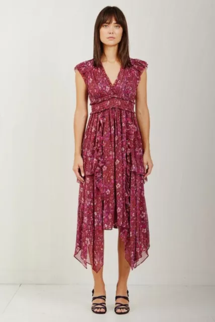 ULLA JOHNSON Ressie Floral Print Asymmetric Silk Print Midi Dress 0 XS $645