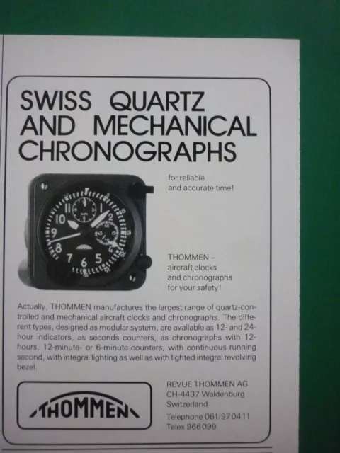10/86 Pub Revue Thommen Waldenburg Swiss Quartz Aircraft Clocks Chronographs Ad