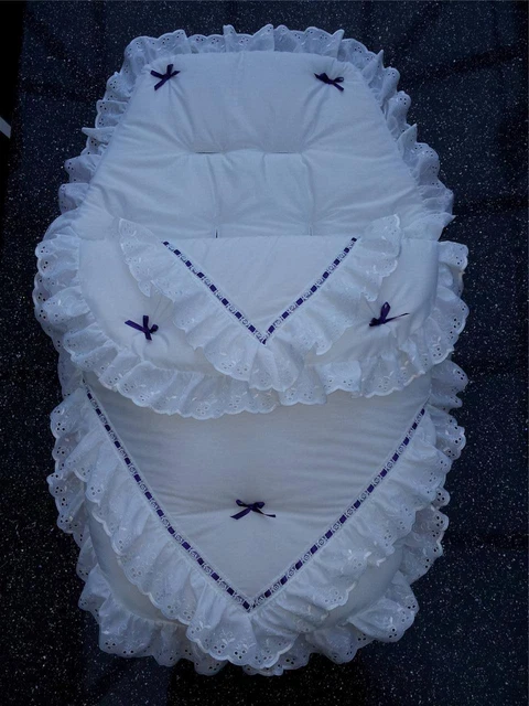 Baby's Cosy Toes / Footmuff 3-in-1 in white with purple bows double lace design