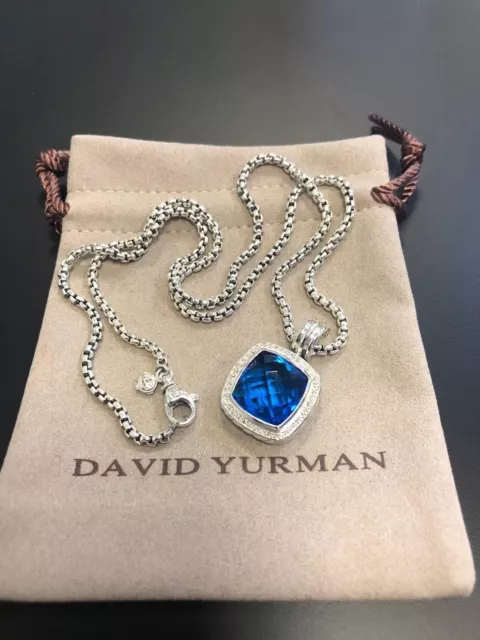 David Yurman Sterling Silver 14mm Blue Topaz Diamond Albion Pendant Necklace