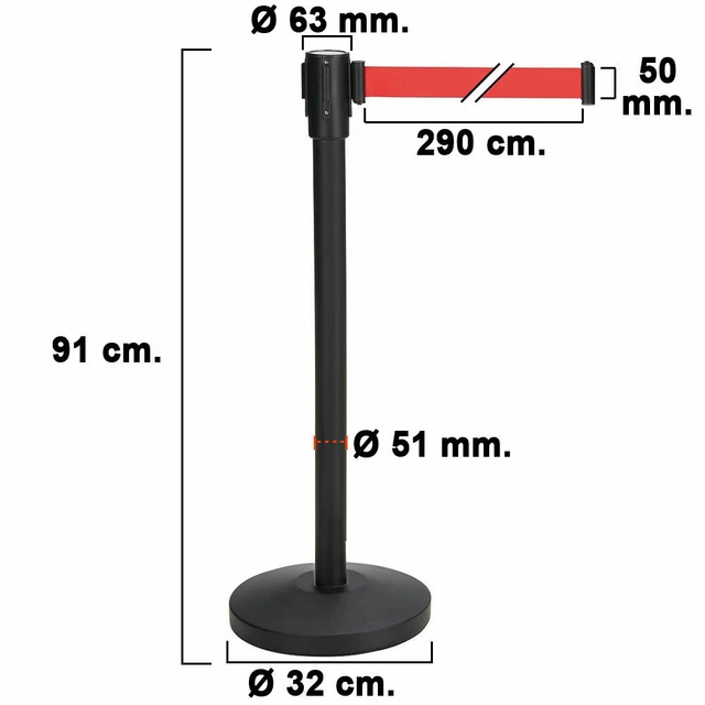 Poste Separador Cinta Extensible 3 Metros. Ø Base 32 Cm. Ø Tubo 5,1 Cm. Altura 9