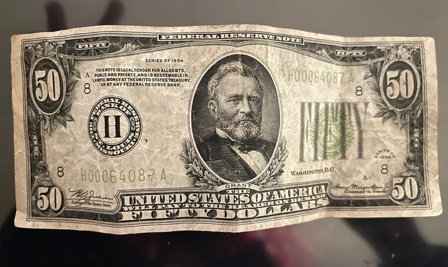 1934 $50 Dollar Bill Federal Reserve Note B New York Lime Green Seal Collectible
