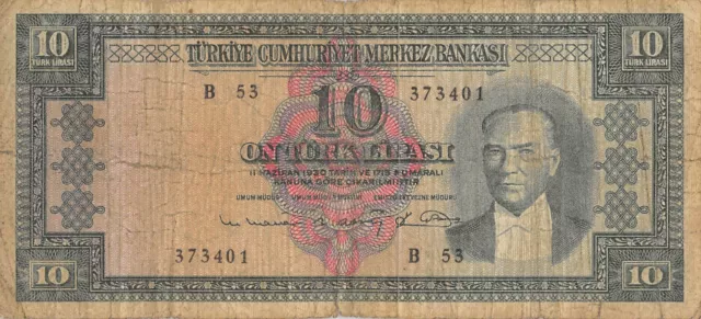 Turkey  10  Lira  ND. 1960  P 161 ?  Series B 53  Circulated Banknote ZSD