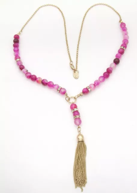 28" CHARMING CHARLIE Pink Swirl Glass Bead Pendant Necklace Rhinestone Gold Tone