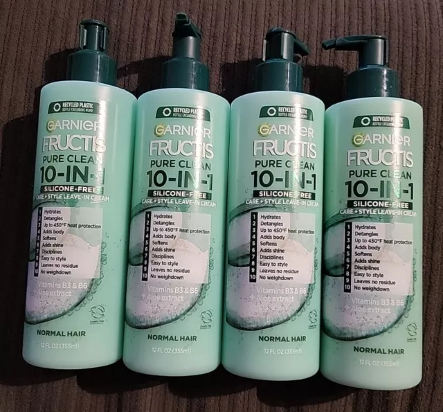 (4) Garnier Fructis Pure Clean 10-IN-1 Care + Style Leave-In Cream 12oz