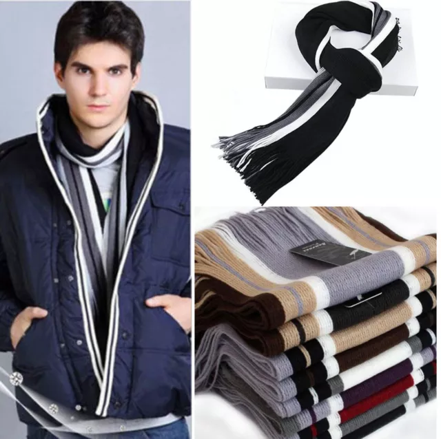 Winter Mens Classic Cashmere Shawl Warm Long Fringe Striped Tassel Wrap Scarf 2