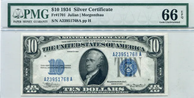1934 $10 Silver Certificate FR-1701 - MS-66 EPQ PMG Certified