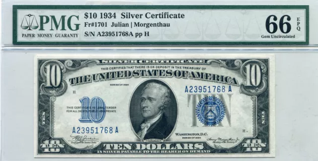 1934 $10 Silver Certificate FR-1701 - MS-66 EPQ PMG Certified