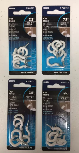 4 X Hillman 122236 White Vinyl 6 pk Cup Hook 7/8" (24 total hooks)
