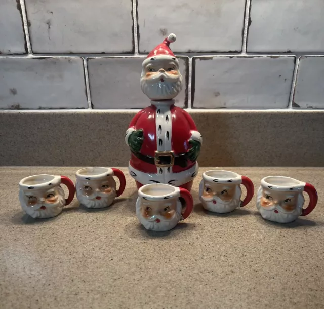 Vintage LEFTON Ceramic Christmas Santa Claus Decanter Bottle & 5 Mini Mugs RARE