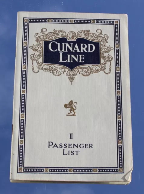 Cunard Line Rms Aquitania Deluxe List Of Passengers 29Th Aug 1925 S'ton To Nyc