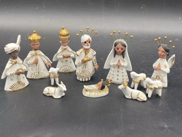 Tonala Mexican Folk Art Pottery Nativity Set Hand Painted Gold Accent 13 Piece