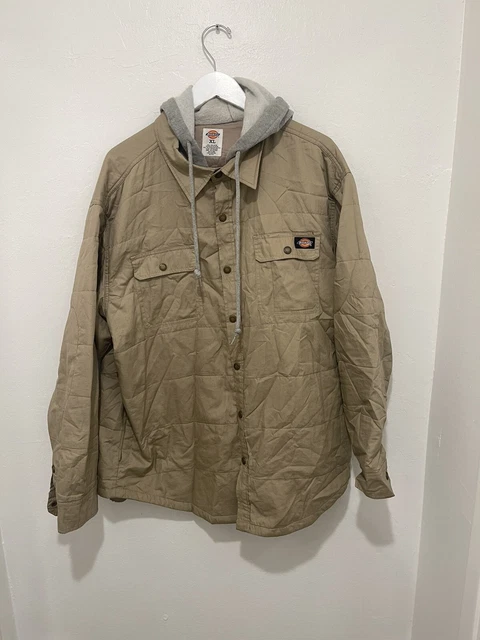 Dickies Jacket Men XL 46-48 Hoodie Khaki Beige Quilted Lined Sweatshirt Snap Up