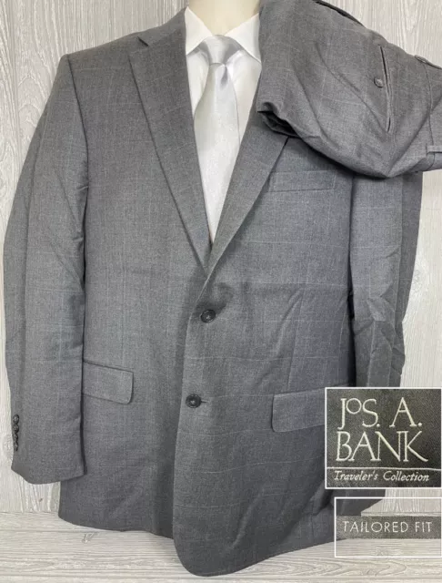 Jos A Bank Tailored Fit Mens Wool Windowpane 2pc Suit 43 Long 36x32.75 (t2)